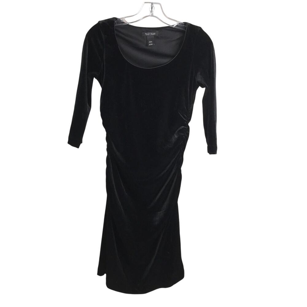White House Black Market Dress Womens XXS Black‎ Velvet 3/4 Sleeve Ruched Waist
